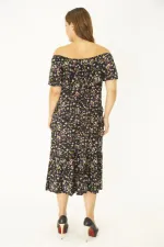 Kadın Büyük Beden Renkli Dokuma Viskon Kumaş Yakası Lastik Ve Volan Detaylı Elbise 65N36916