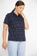 Kadın Lacivert Büyük Beden Pamuk Kumaş Marin Desen Polo Yakalı Kısa Kollu Bluz