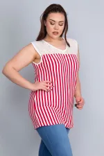 Kadın Kırmızı Robası Dantel Detaylı Çizgili Viskon Bluz 65N22750