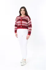 Kadın Büyük Beden Kırmızı Baklava Desen Ön Düğmeli Triko Hırka 65N38863