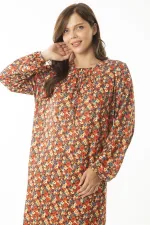 Kadın Büyük Beden Renkli Yakası Büzgü Ve Kol Ağzı Lastik Detaylı Uzun Elbise 65N36905