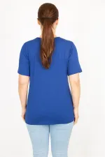 Kadın Saks Büyük Beden Bisiklet Yakalı Ön Baskılı Bluz