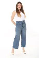 Kadın Büyük Beden Mavi Yüksek Bel 4 Cepli Likralı Kot Pantolon 65N37923