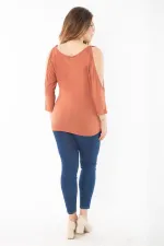 Kadın Büyük Beden Oranj Öpücük Yaka Omuz Dekolteli Uzun Kol Kollu Bluz