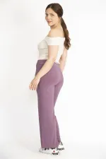 Kadın Lila Büyük Beden Likralı Buzy Kumaş Bel Lastikli Pantolon