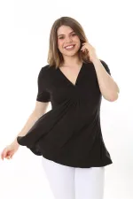 Kadın Büyük Beden Bordo Göğüs Büzgü Detaylı V Yakalı Kısa Kollu Bluz 65N37581