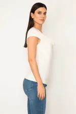 Kadın Kemik Taş Detaylı Düşük Yakalı Bluz