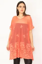 Kadın Büyük Beden Nar Astarsız Dantel Tül Tunik 65N37672