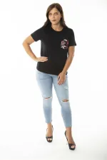 Kadın Büyük Beden Siyah Peto Cepli Kısa Kollu Bluz 65N36947