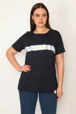 KADIN LACİVERT BİSİKLET YAKALI BASKILI BLUZ