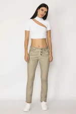 Pantalon pour femme en gabardine délavée kaki avec bonnets à boutons métalliques