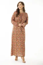 Kadın Büyük Beden Renkli Yakası Büzgü Ve Kol Ağzı Lastik Detaylı Uzun Elbise 65N36905