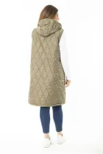 Kadın Büyük Beden Haki Ön Dermuarlı Kapşonlu Kapitone Astarlı Uzun Mont 65N37107