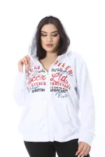 Kadın Büyük Beden Beyaz Ön Fermuar Ve Baskılı Kapşonlu Sweatshirt 65N38622
