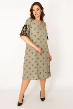 Kadın Haki Dokuma Viskon Kumaşv Yaka Dantel Detaylı Elbise 65N33533