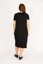 Kadın Lacivert Büyük Beden Cebi File Detaylı Kısa Kollu Viskon Elbise