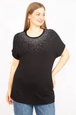 Kadın Mürdüm Büyük Beden Taş Detaylı Düşük Kol Bluz 65N35636