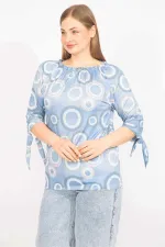 Kadın Mavi Büyük Beden Yaka Lastikli Kol Bağcıklı Bluz 65N35665