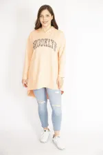 Kadın Somon Büyük Beden Payet Detaylı Kapşonlu Arkası Uzun Sweatshirt