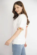 Kadın Kemik Büyük Beden Kolları Püskül Detaylı Bluz