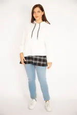 Kadın Kemik Kapşonlu Etek Ucu Ekose Garnili Sweatshirt 65N34878