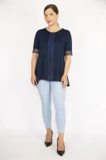 Kadın Lacivert Büyük Beden Kol Ağzı Ve Ön Ortası Dantel Bluz