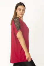 Kadın Bordo Omuz Dantelli V Yakalı Viskon Bluz 65N27507