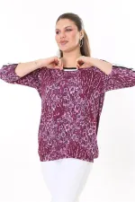 Kadın Büyük Beden Mürdüm Yaka Ve Kolları Sim Şerit Detaylı Uzun Kollu Bluz 65N37709