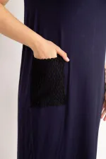 Kadın Lacivert Büyük Beden Cebi File Detaylı Kısa Kollu Viskon Elbise