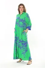 Kadın Büyük Beden Mavi Ön Boy Düğmeli Gömlek Yakalı Uzun Elbise 65N37875