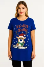 Kadın Büyük Beden Saks, Yaka Yırtık Detaylı, Yan Yırtmaçlı Baskılı Tunik 65N39247