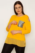 KADIN SARI OMUZ DEKOLTELİ TAŞ DETAYLI ETEK UCU ŞİFON