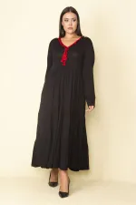 Kadın Kırmızı Yaka Detaylı Belden Büzgülü Katlı Uzun Elbise 65N28082