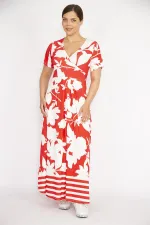 Kadın Kırmızı Büyük Beden Anvelop Yakalı Uzun Elbise