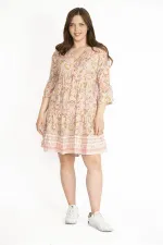 Kadın Renkli Büyük Beden Dokuma Viskon Kumaş V Yakalı Etek Ucu Katlı Elbise