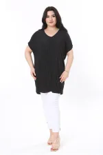 Kadın Büyük Beden Siyah V Yakalı Düşük Kollu Uzun Bluz 65N37999