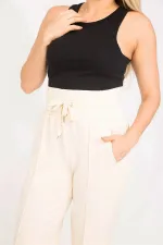 Kadın Bej Likralı Scuba Kumaş Beli Geniş Lastik Ve Ütü İzi Dikiş Detaylı Pantolon 65N35275