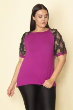 Kadın Fuşya Kolları Tül Payet Detaylı Bluz 65N28746