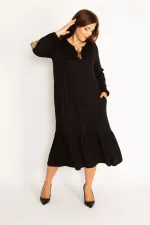 Kadın Siyah Nakış Ve Cep Detaylı Eteği Katlı Uzun Kollu Elbise 65N34743