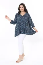 Kadın Büyük Beden Renkli V Yakalı Kapri Kol Desenli Bluz 65N38001