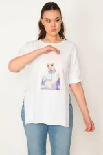 KADIN BEYAZ YAN YIRTMAÇLI DİJİTAL BASKILI BLUZ