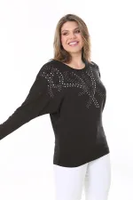 Kadın Büyük Beden Siyah Taş Detaylı Yarasa Kol Bluz 65N37804