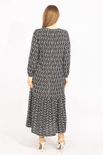 Kadın Siyah Dokuma Viskon Kumaş Etek Ucu Katlı Uzun Kollu Elbise 65N35511