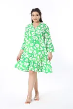 Kadın Büyük Beden Yeşil Ön Pat Düğmeli Katlı Elbise 65N38598