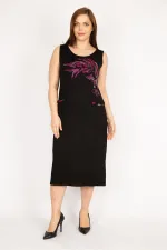 Kadın Siyah Büyük Beden Taş Detaylı Ön Cepli Elbise