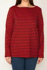 KADIN KIRMIZI BİSİKLET YAKALI UZUN KOLLU ÇİZGİLİ BLUZ
