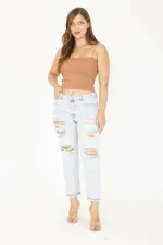 Kadın Büyük Beden Mavi Yırtık Detaylı 5 Cep Kot Pantolon 65N36812