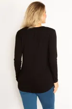 Kadın Siyah Omuz Robası Dantel Taş Ve Baskı Detaylı Tunik 65N34682