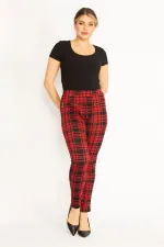 Kadın Kırmızı Ekose Desenli Süs Fermuar Cepli Tayt 65N34640