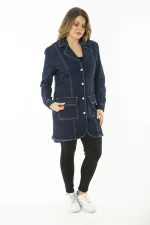 MANTEAU FEMME EN DENIM LYCRA BLEU MARINE AVEC BOUTON ET POCHE DEVANT